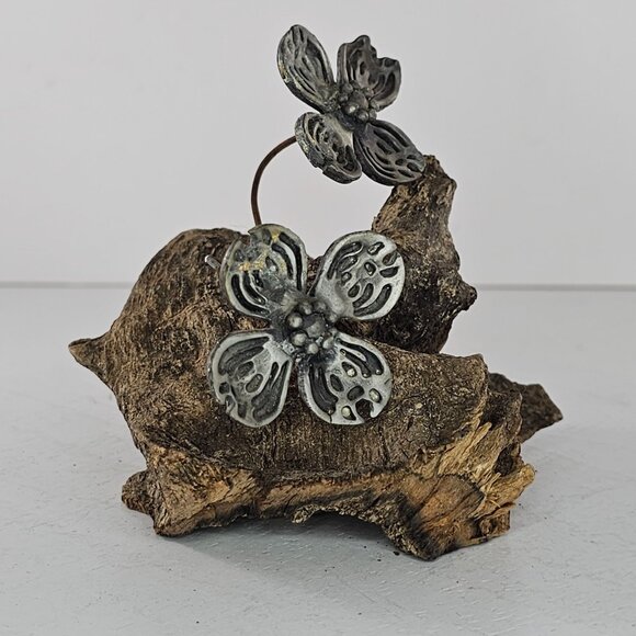 Handcrafted Metal Flower Sculpture On Driftwood Folk Art - Picture 2 of 8